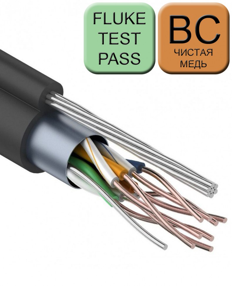 Кабель F/UTP (4x2x0,52) витая пара экранированный категории 5e, 4 пары, 24AWG, чистая медь, внешний (-40C° +60C°), PE, черный, с многожильным тросом