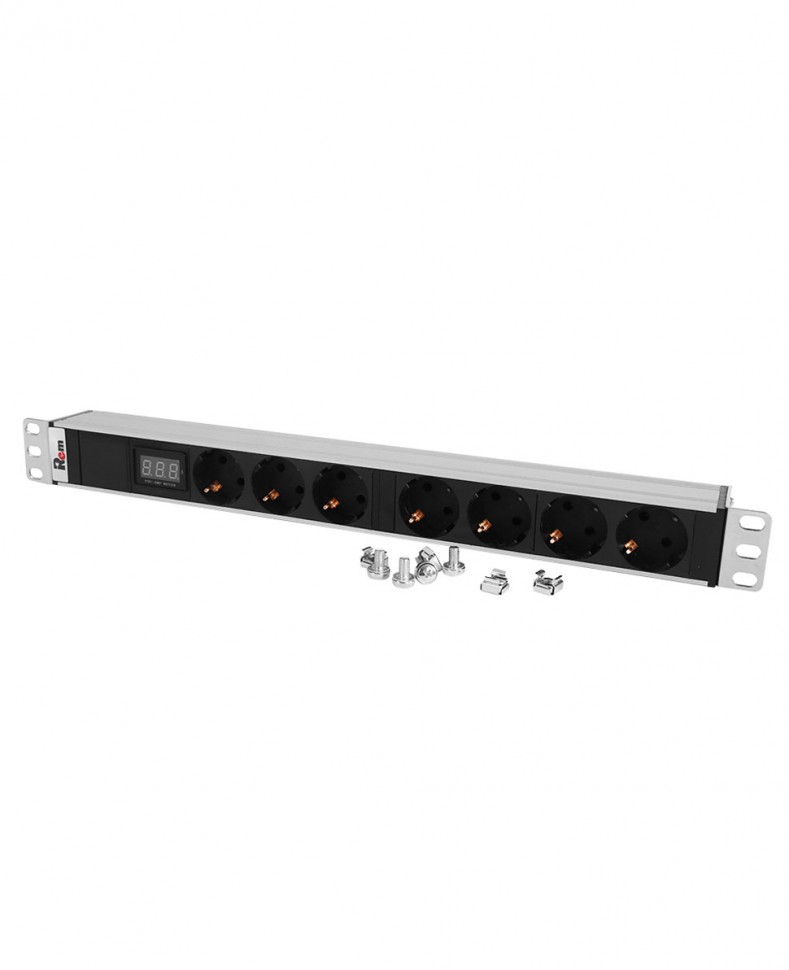 Блок розеток Rem-32 с амп, 7 Schuko, 32 А, алюм., 19", колодка