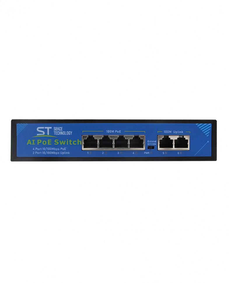 Коммутатор ST-S46POE (2М/65W/А) PRO с 4 портами 10/100BASE-TX PoE+ и 2 портами 10/100Base-TX, PoE-бюджет 65 Вт, корпус металл