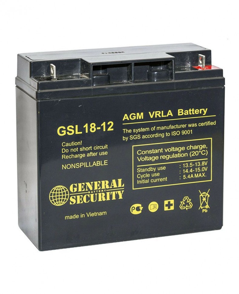 Аккумулятор General Security GSL 18-12 (Аккумуляторная батарея для ИБП 12 В, 18 Ач, 76х181х167 мм)