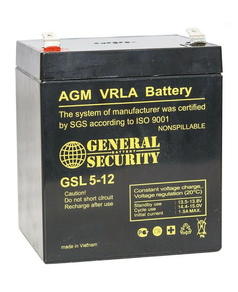 Аккумулятор General Security GSL 5-12 (Аккумуляторная батарея для ИБП 12 В, 5 Ач, 90х70х107мм, свинцово-кислотная (GSL 5-12)