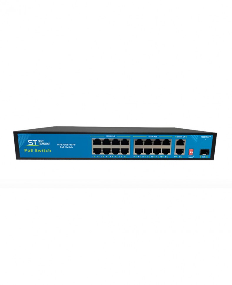 Коммутатор ST-S165POE (2G/1S/250W/A) PRO с 16 портами 10/100BASE-TX PoE+, 2 портами 10/100/1000Base-TX и 1 портом 100/1000Base-X SFP, PoE-бюджет 250 В