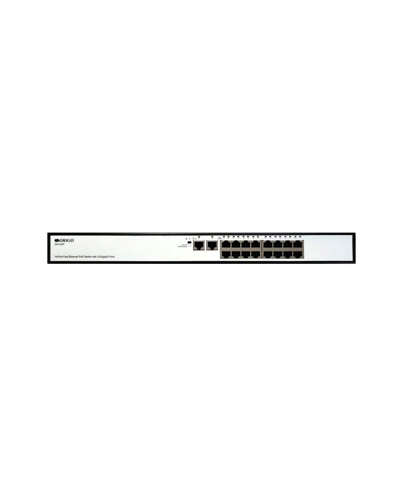 Коммутатор неуправляемый ORIGO OS1218P/190W/A1A с 16 портами 10/100Base-TX PoE+ и 2 портами 1000Base-T, PoE-бюджет 190 Вт, корпус металл